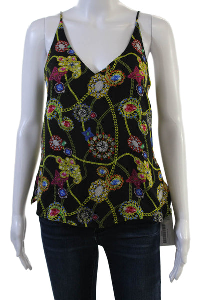 L'Agence Women Silk V Neck Camisole Black Graphic Print Sleeveless Size S