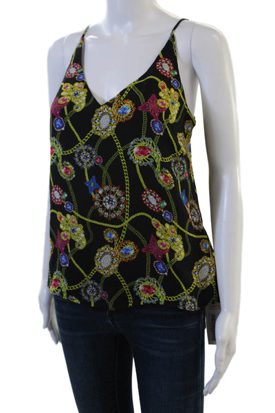 L'Agence Women Silk V Neck Camisole Black Graphic Print Sleeveless Size S