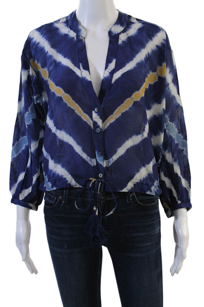 Cara Cara Womens V-Neck Button Up Silk Cotton 3/4 Sleeve Blue Blouse Size S