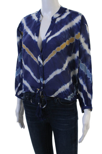 Cara Cara Womens V-Neck Button Up Silk Cotton 3/4 Sleeve Blue Blouse Size S