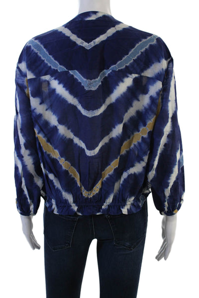Cara Cara Womens V-Neck Button Up Silk Cotton 3/4 Sleeve Blue Blouse Size S