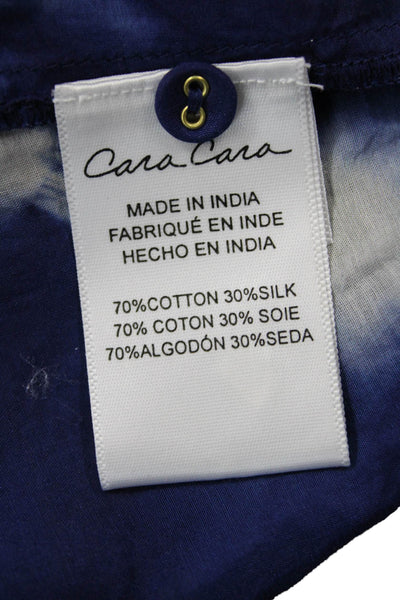 Cara Cara Womens V-Neck Button Up Silk Cotton 3/4 Sleeve Blue Blouse Size S