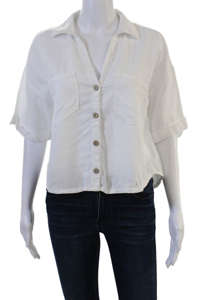 Zara Women Cropped Collared Button Up Blouse White Cotton Short Sleeve Size S