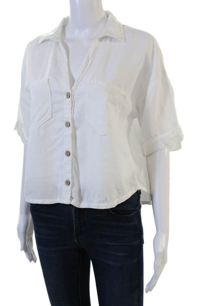 Zara Women Cropped Collared Button Up Blouse White Cotton Short Sleeve Size S