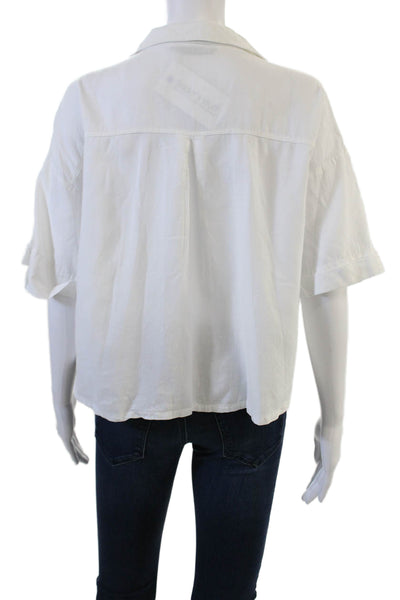 Zara Women Cropped Collared Button Up Blouse White Cotton Short Sleeve Size S