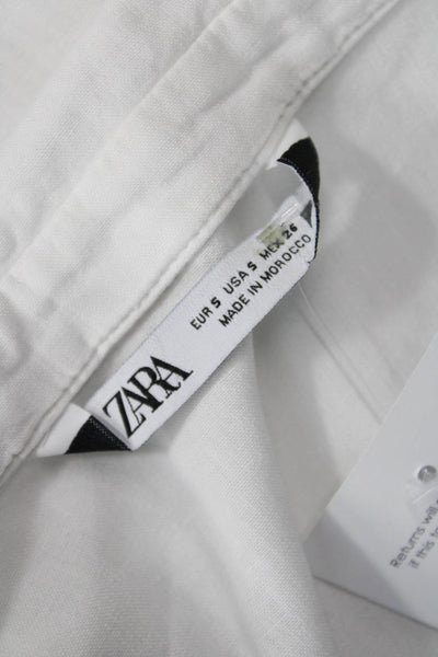 Zara Women Cropped Collared Button Up Blouse White Cotton Short Sleeve Size S