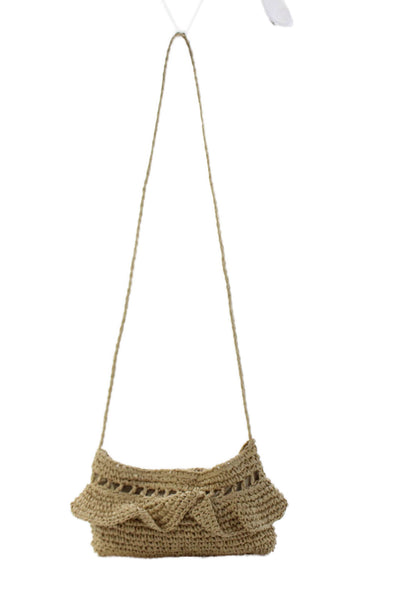 Aqua Womens Straw Ruffled Crossbody Shoulder Handbag Beige