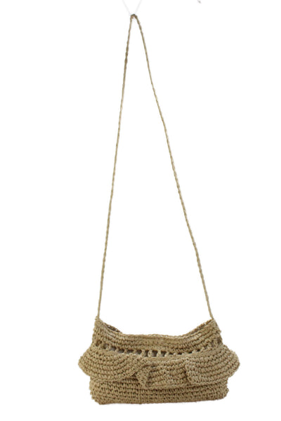Aqua Womens Straw Ruffled Crossbody Shoulder Handbag Beige