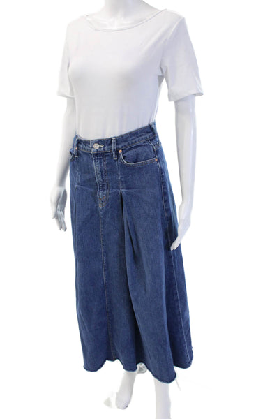 Mother Superior Women Dark Blue Pleated Maxi Skirt 98% Cotton Size 26