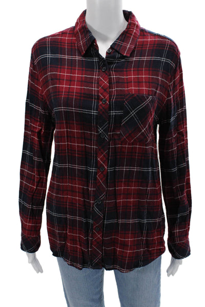 Beach Lunch Lounge Womens Collared Plaid Dark Blue Long Sleeve Button-Up Size M