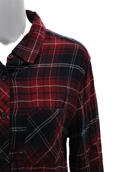 Beach Lunch Lounge Womens Collared Plaid Dark Blue Long Sleeve Button-Up Size M