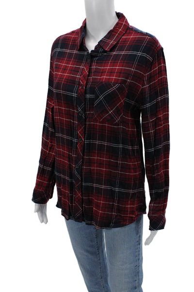 Beach Lunch Lounge Womens Collared Plaid Dark Blue Long Sleeve Button-Up Size M