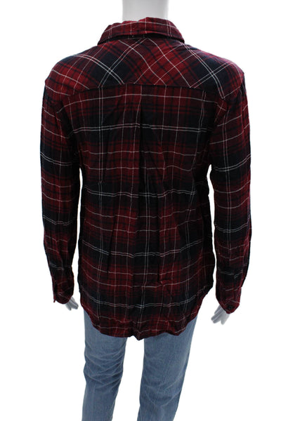 Beach Lunch Lounge Womens Collared Plaid Dark Blue Long Sleeve Button-Up Size M