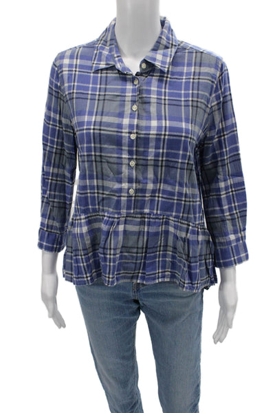 Trovata Women Plaid Collared Button Up Blouse 3/4 Sleeve Blue Size S