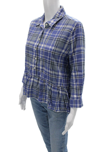 Trovata Women Plaid Collared Button Up Blouse 3/4 Sleeve Blue Size S
