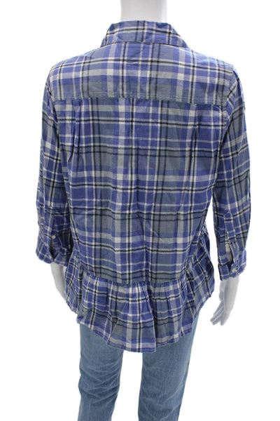 Trovata Women Plaid Collared Button Up Blouse 3/4 Sleeve Blue Size S