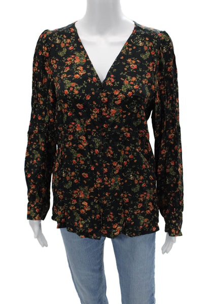 Something Navy Women Black Floral V-Neck Button Up Viscose Blouse Size S