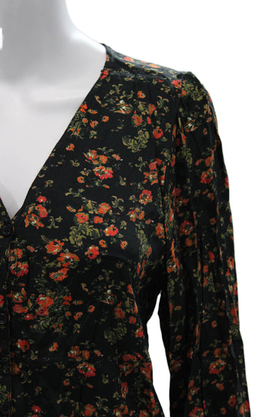 Something Navy Women Black Floral V-Neck Button Up Viscose Blouse Size S