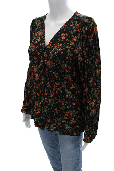Something Navy Women Black Floral V-Neck Button Up Viscose Blouse Size S