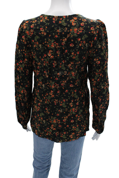 Something Navy Women Black Floral V-Neck Button Up Viscose Blouse Size S