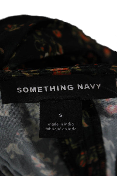 Something Navy Women Black Floral V-Neck Button Up Viscose Blouse Size S