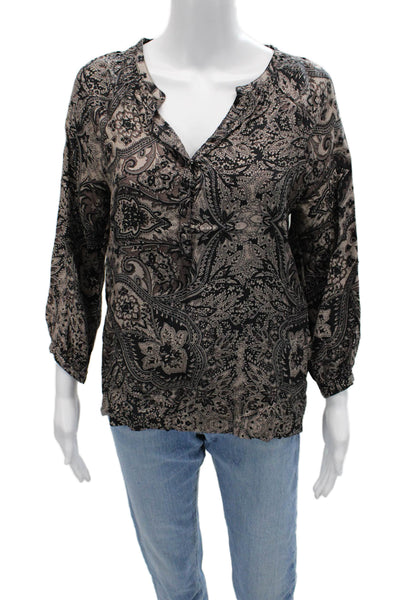 Joie Women Tunic Blouse Beige Silk Paisley V-Neck 3/4 Sleeve Button Size S