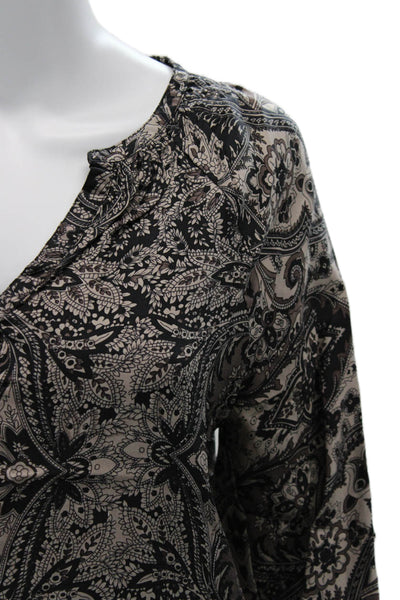 Joie Women Tunic Blouse Beige Silk Paisley V-Neck 3/4 Sleeve Button Size S