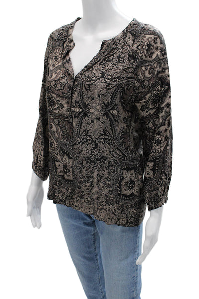 Joie Women Tunic Blouse Beige Silk Paisley V-Neck 3/4 Sleeve Button Size S