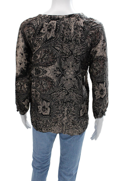 Joie Women Tunic Blouse Beige Silk Paisley V-Neck 3/4 Sleeve Button Size S