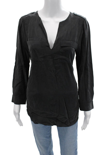 Joie Women Silk V-Neck Tunic Long Sleeve Black Button Size S
