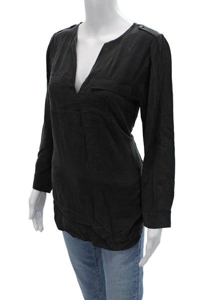 Joie Women Silk V-Neck Tunic Long Sleeve Black Button Size S