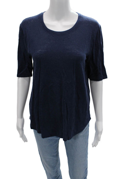 Vince Women Basic Dark Blue Linen Round Neck Short Sleeve T-Shirt Size S
