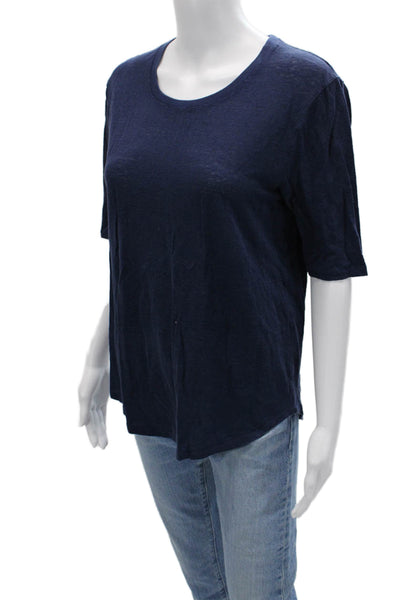Vince Women Basic Dark Blue Linen Round Neck Short Sleeve T-Shirt Size S
