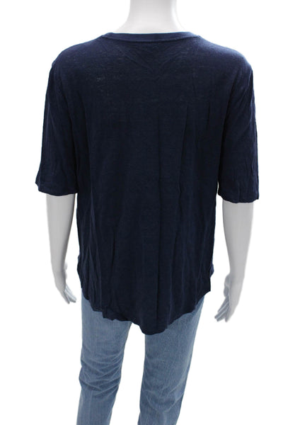 Vince Women Basic Dark Blue Linen Round Neck Short Sleeve T-Shirt Size S