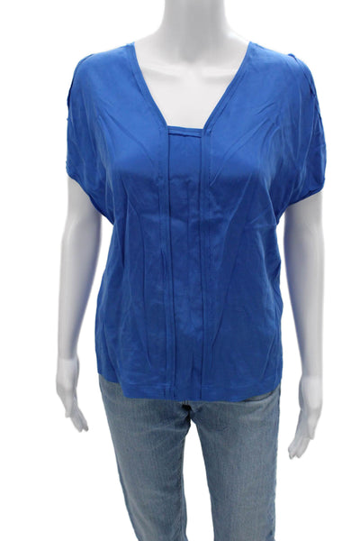 Cut 25 Womens Silk V Neck Short Sleeve Blouse Blue Designer Size 4