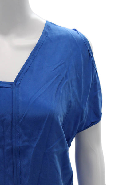 Cut 25 Womens Silk V Neck Short Sleeve Blouse Blue Designer Size 4