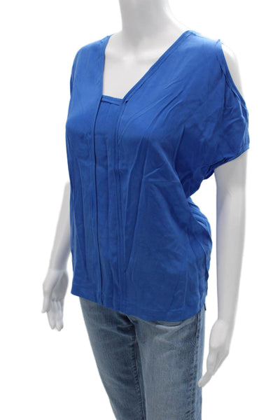 Cut 25 Womens Silk V Neck Short Sleeve Blouse Blue Designer Size 4