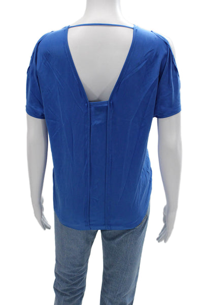 Cut 25 Womens Silk V Neck Short Sleeve Blouse Blue Designer Size 4