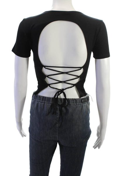 Reformation Womens Cropped Black T-Shirt Short Sleeve Crew Neck Size S