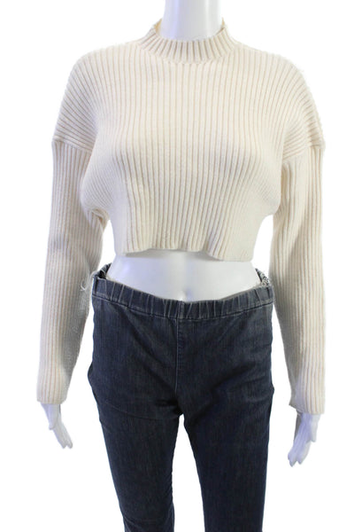 Zara Unisex Pullover Striped Beige Mock Neck Long Sleeve 100% Cotton 90s Size S