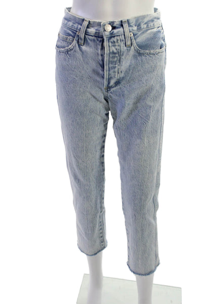 Amo Womens High Waist Ankle Cropped Light Blue Jeans Button 100% Cotton Size 24