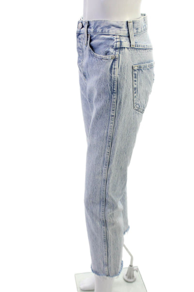 Amo Womens High Waist Ankle Cropped Light Blue Jeans Button 100% Cotton Size 24