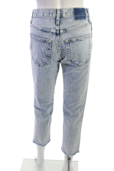 Amo Womens High Waist Ankle Cropped Light Blue Jeans Button 100% Cotton Size 24