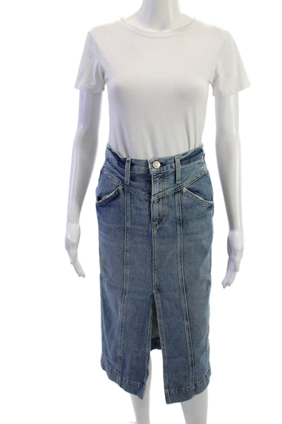 Amo Women Blue Cotton Straight Pencil Midi Skirt Size 23