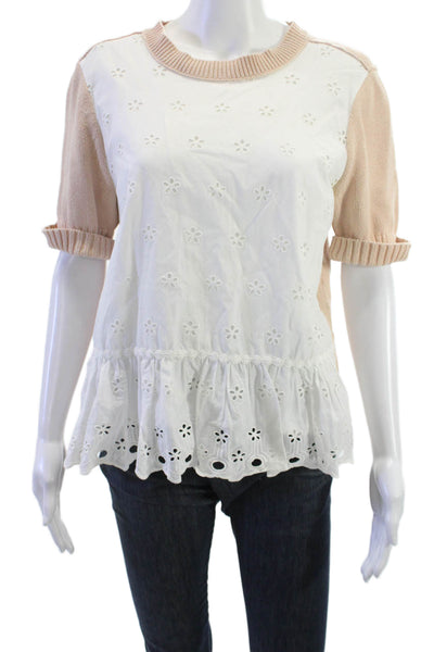 J Crew Women Bohemian Floral Cotton Crew Neck Short Sleeve Blouse Beige Size M