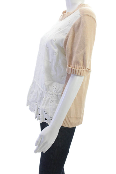 J Crew Women Bohemian Floral Cotton Crew Neck Short Sleeve Blouse Beige Size M