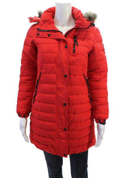 Super Dry Womens Red Quilted Puffer Parka High Neck Button Size 4