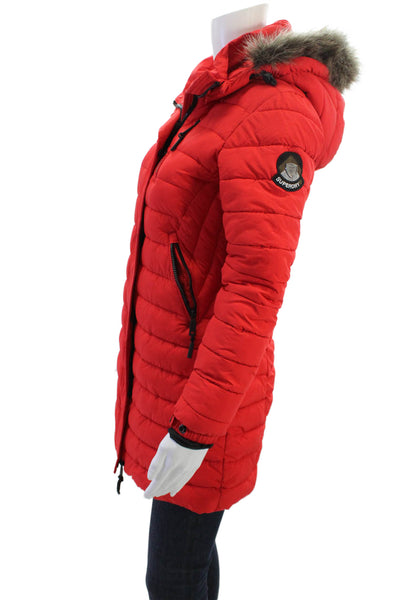 Super Dry Womens Red Quilted Puffer Parka High Neck Button Size 4