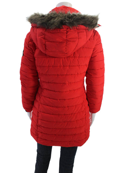 Super Dry Womens Red Quilted Puffer Parka High Neck Button Size 4