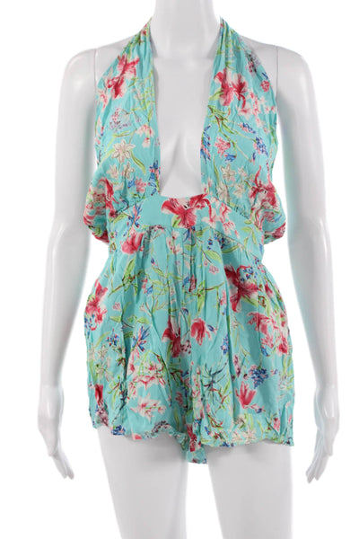 Renamed Women Floral V-Neck Sleeveless Romper Light Blue Rayon Size M